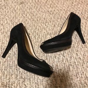 Marc Fisher Monaye Black Platform Heels Peeptoe Snakeskin Accents
